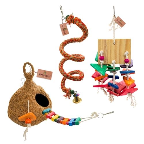 GREENBIRDS Nest with Attached Perch Ladder & Bird Chew Toys Bird Cage Accessories Set, Natural Coconut Fiber House with Ladder for Your Birds Parrot, Conure, Lovebirds, Cockatail, Budgies (Set 04)