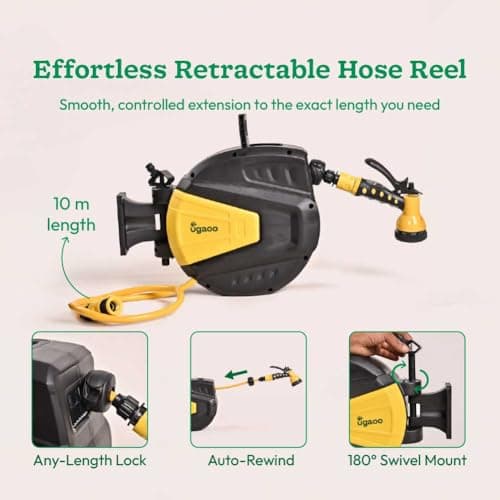 Ugaoo Retractable Garden Hose Reel 10 Meter | Retractable Hose Pipe for Gardening | Auto Rewind, 9-Pattern Nozzle, Wall Mounted Swivel, Slow Return, No-Tangle, Leak-Proof 3