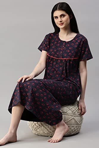KRYPTIC Womens Navy Printed Pure Cotton Maxi Nightdress(Navy-M) 2