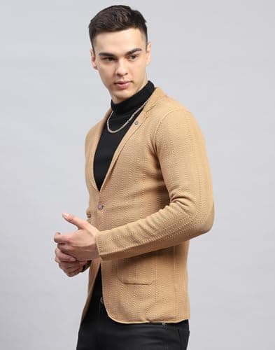 Monte Carlo Mens Self Design Beige V Neck Full Sleeve Coat (1239388KC-77820-44) 2
