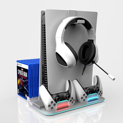 Millennium TECHNOLOGY Cooling Fan and Dual Controller Charger Station Dock for PS5 Slim/Pro Console Disc/Digital Edition,PS5 Docking Station Accessories with RGB Light,Headset Holder,Game Slots
