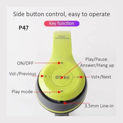 P47 Wireless Over Ear Bluetooth Headphones with Mic (Green) 4