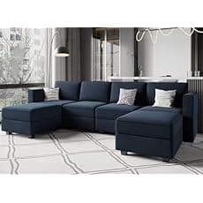 FURNART FURNITURE & INTERIOR Modern U-Shaped Sectional Sofa Set with Storage, 9 Seater, Sofa Couch with 4 Puffy for Hall Guest Room, Leatherette (Brown & Beige)
