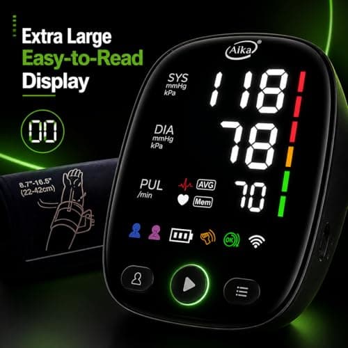 Aika Upper Arm Digital BP Check Machine for Home Use, Automatic Digital BP Monitor with Large LED Backlit Display, 2 Users x 120 Memory, Irregular Heartbeat Detection, Adjustable Cuff 8.7"-16.5", USB  3