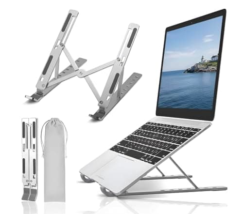 Babacom Silver Adjustable Laptop Stand with 360° Rotating Base for Desk, Foldable Aluminum Ergonomic Laptop Holder Compatible with MacBook HP Dell Lenovo Acer ASUS Laptop Stand for 10 to 17 Inch Size