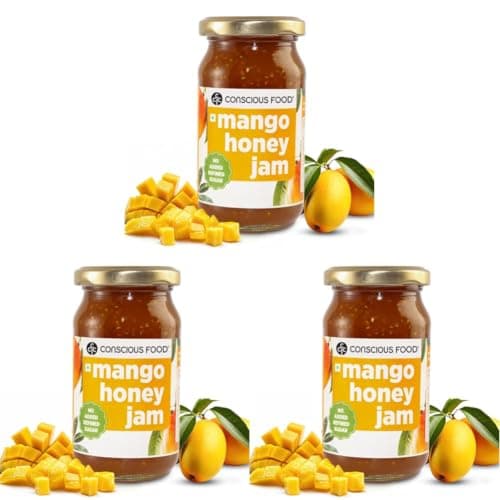 Conscious Food Mango Honey Jam | 250g | Sugar-Free | No Preservatives or Artificial Colours | With Forest Honey & Chia Seeds (Pack of 3)
