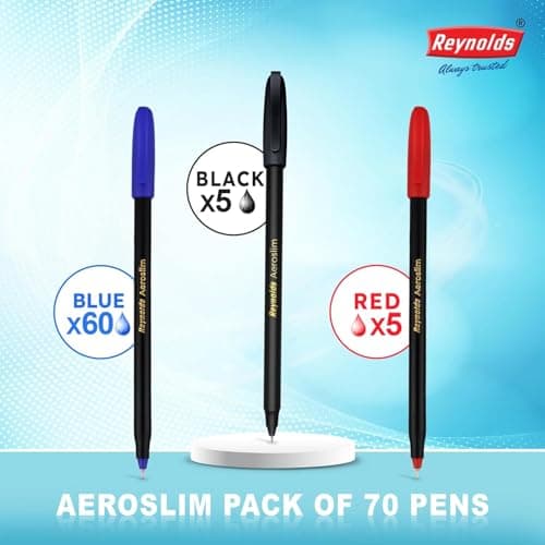 Reynolds AEROSLIM Ball Pen SET - 70 PENS (60 BLUE, 5 Black, 5 Red) | PEN WITH COMFORTABLE GRIP |BALL PENS FOR WRITING | PEN FOR STUDENTS & OFFICE STATIONERY | 0.7 mm TIP SIZE 5