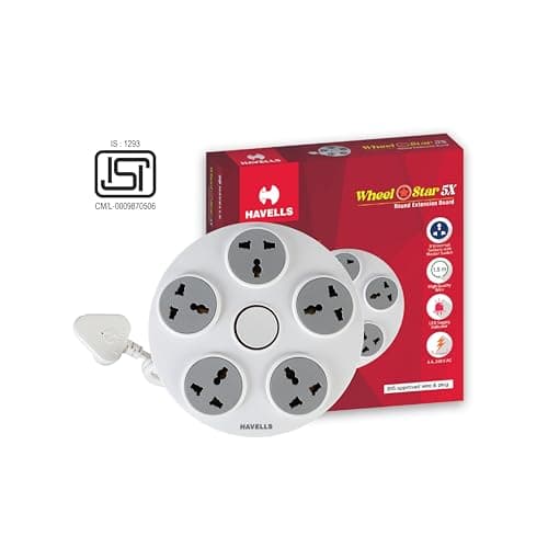 Havells Wheel Star 5X 5+1 Round Extension Board | Overload, Over Current & Over Voltage Protection | 1.5 Mtr Copper Wire | ISI Certified Wire & Plug | Universal 3 Pin 5 Sockets | LED Indicator | Home  2