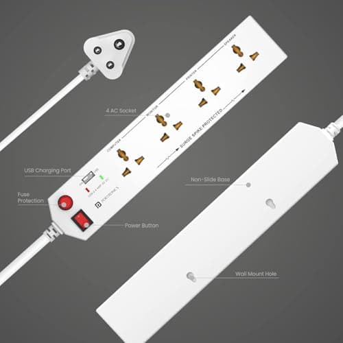 Portronics Power Plate 4 Extension Board with 4 Universal Sockets, USB Charging Port, 1.5 Meter Long Cord, 1500 Watts, Child Safety Shutter, 3 Pin Multi Plug for Home Appliances (White) 4