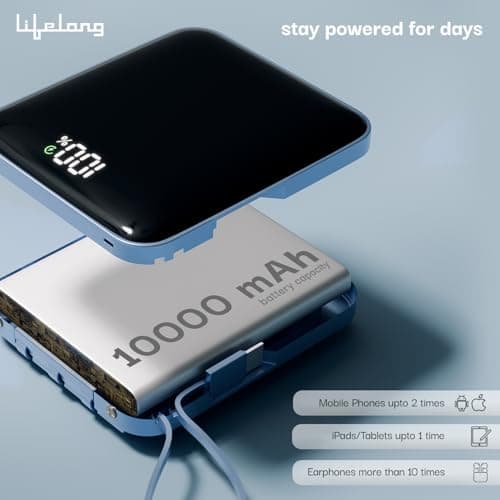 Lifelong Electronics 10000 mAh Fast | Compact Power Bank | 22.5 W Output, 4 Input/Output Ports, Cable Included | Quick Charge 3.0 | Portable Charger for Mobiles, Earbuds, Speakers & Others (Dark Blue) 3
