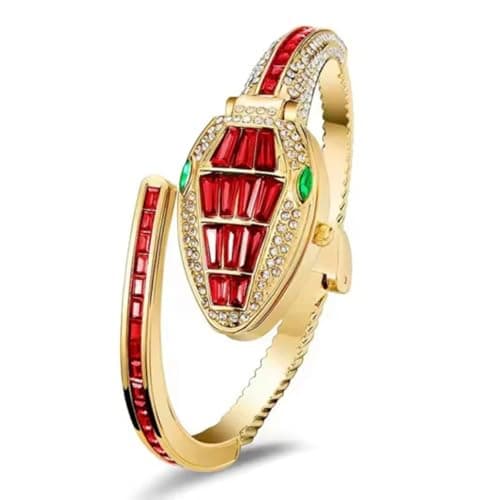 CLEO Be Bold Be You Women’s Gold Bracelet Watch | Snake Coil Cuff Style | Crystal Studded Oval Dial | Elegant Jewellery Watch for Women & Girls | Party, Wedding & Festive (Fiery Red)