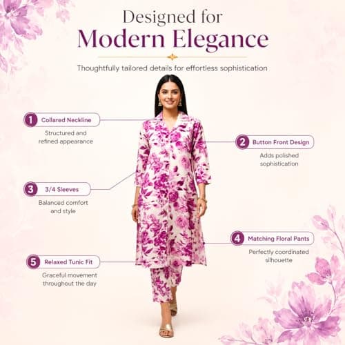 SHINESHAGUN Women Floral Printed Kurta Pant Set | Stylish Straight Fit Ethnic Co-ord Set for Women | 3/4 Sleeve Casual & Office Wear Kurti with Pants | Pink & White 3