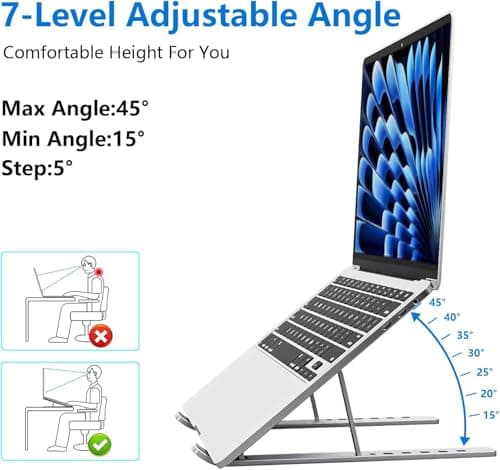 Tukzer Foldable Laptop Stand Riser for Laptop, MacBook, Notebook & Tablets up to 17 Inch, 7 Level Height Angle Adjustment, 2X Stronger M-Shape Aluminum Silicone Pads Air Ventilation (Silver) 3