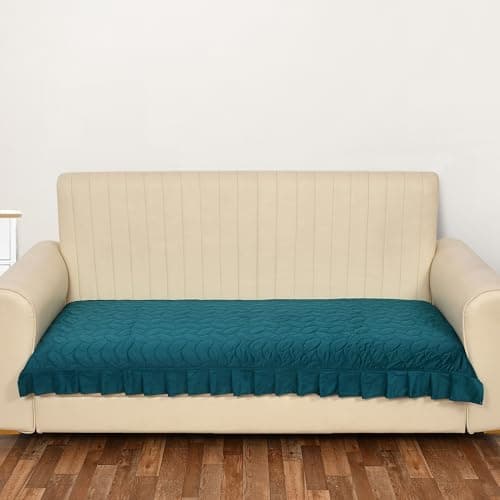 Yellow Weaves Quilted Velvet 3 Seater Sofa Cover Protector with Frill, Anti-Slip Sofa Cover Seat Mat (68 x 26 Inch), Teal Blue