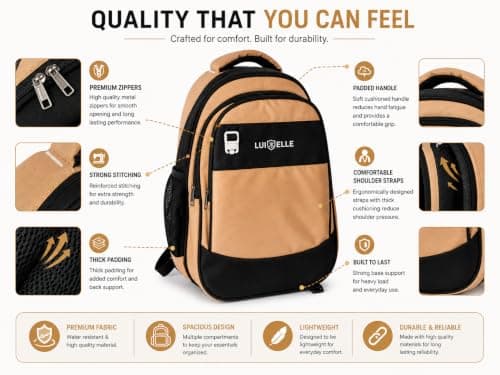 LUI ELLE Unisex Casual Backpack, Polyester, 3 Compartments, Zipper Closure, School, College & Travel Bag with Bottle Pocket, Black 2