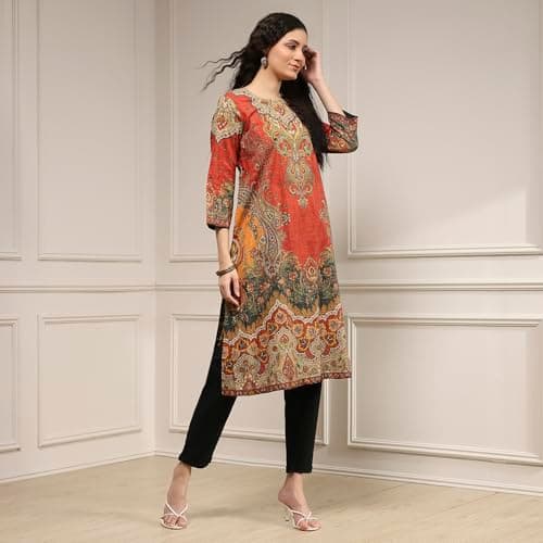 Biba Women Rust Cotton Straight Printed Kurta_34 4