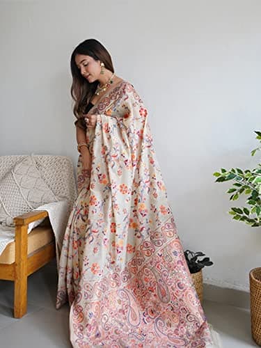 Amazon Brand - Anarva Women's Silk Saree With Blouse Piece | saree for women(shahtoosh-creme) 5