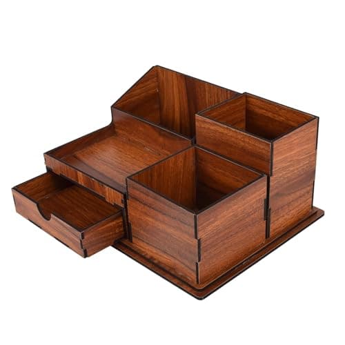 LULELA Wooden Office Desk Organiser and Accessories, Multi-Functional Stationary Supplies Desktop Organizer Set, Small Wood Desk Organization, Easy Assembly Table Organiser (Brown, Big) 4