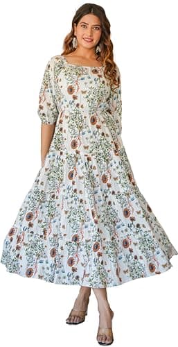Yash Gallery Women's Maxi Rayon Floral Printed Tiered Style Dress (White, 5XL)