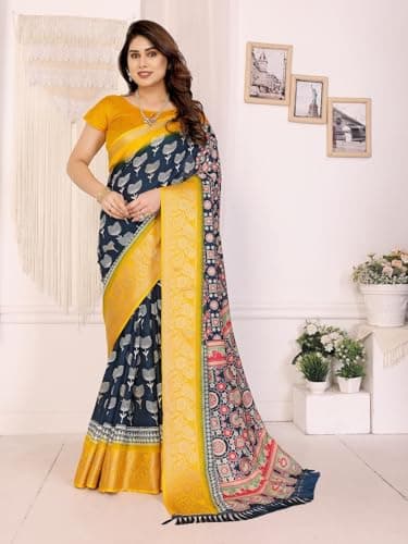 RAJESHWAR FASHION WITH RF Women's Traditional Silk Saree with Floral Print, Navy Blue and Yellow, Contrast Border with Tassels 3