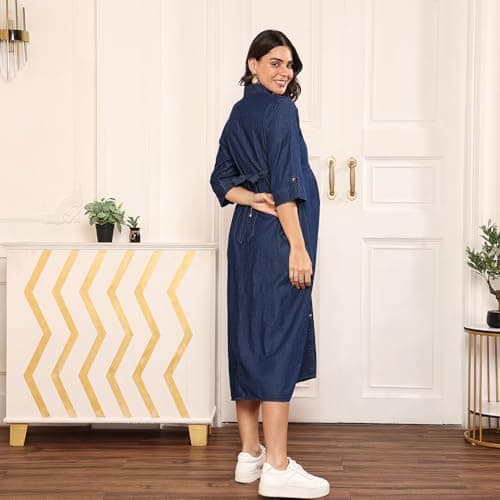 MomToBe Women's Cotton Maternity Denim/Pregnancy Dress/Easy Breastfeeding/Western Dress with Zippers for Nursing Pre and Post Pregnancy (Dark Blue - Large) 4