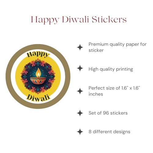 IKBOE Greetsy Set of 96 Diwali Stickers in Unique Shapes | Festival Stickers | 8 Unique Designs (12 Each) | 1.6 Inch Decorative Labels for Gift Boxes, Envelopes, Return Gifts & Diwali Decorations 2