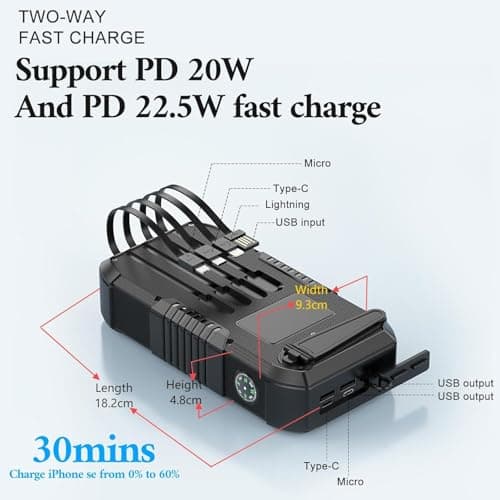 EVENPURE Solar Power Bank 66800mAh Built in Hand Crank and 4 Cables 22.5W Fast Charge,Camping Essentials/SOS/Strobe/Strong Flashlights,Compass Solar Portable Charger Power Bank (Black) 3