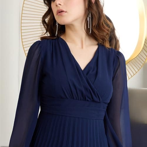 Berrylush Women Solid Navy Blue V-Neck Long Puff Sleeves Pleated Empire Maxi Dress 5