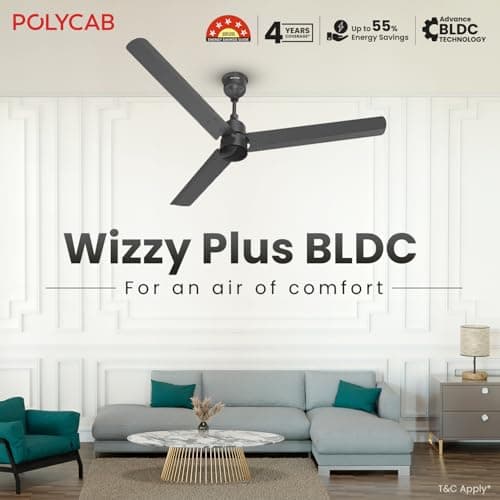 Polycab Wizzy Plus 1200mm 5-Star BLDC, Remote Ceiling fan for Living Room| 55% Energy Saving, 100% Copper, High Air Delivery, Free Installation | 3+1 yr Warranty【Matt Black】 2