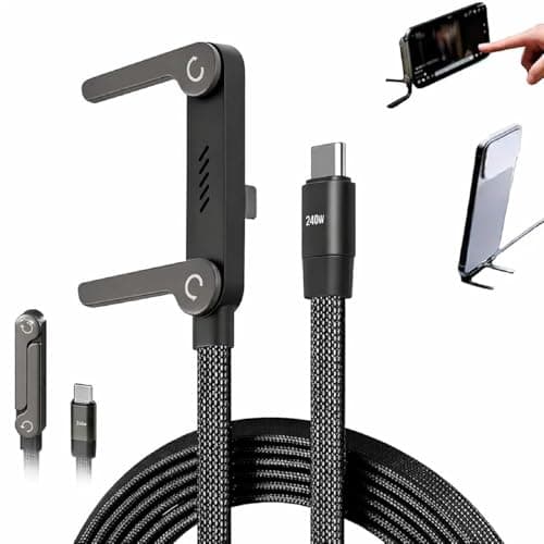 ZELVRA 240W USB C to USB C Fast Charging Cable with Foldable Adjustable Phone Stand,1.5M Nylon Braided Type C Charger Cord, 480Mbps Data Transfer,Multi-Angle Holder for Smartphones,Tablets & Laptops