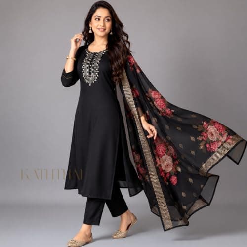 Kaththai Women Embroidered Kurta and Pant Set with Dupatta | Ethnic Suit Set for Women | Floral Printed Organza Dupatta | Festive, & Traditional Kurta Set 4