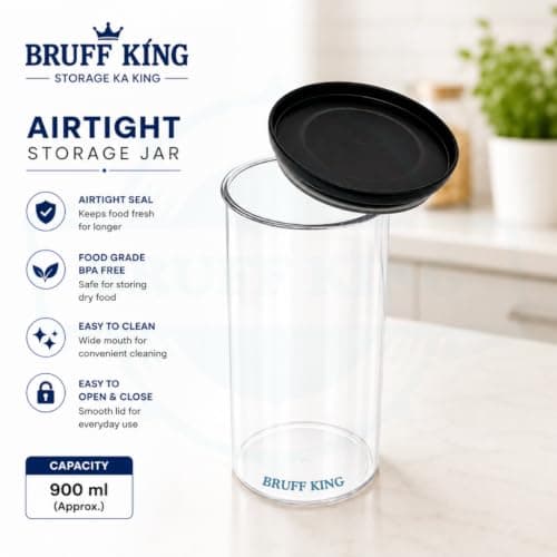 Round Airtight Storage Container 900 ml, Plastic Transparent Kitchen Jar, Leak Proof Silicone Seal Lid, Pantry Organizer For Cereals, Pulses, Rice, Dry Fruits, Cookies, Snacks, Grocery Storage 4