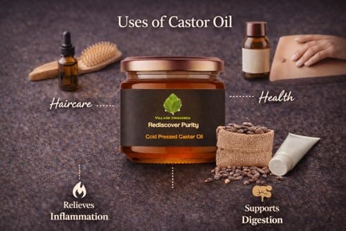 Village-Organica Luxury Cold-Pressed Castor Oil (500 ml Glass Bottle) | 100% Pure, Natural & Hexane-Free | Rich in Vitamin E for Hair Growth, Eyelashes, Eyebrows & Skin Care 4