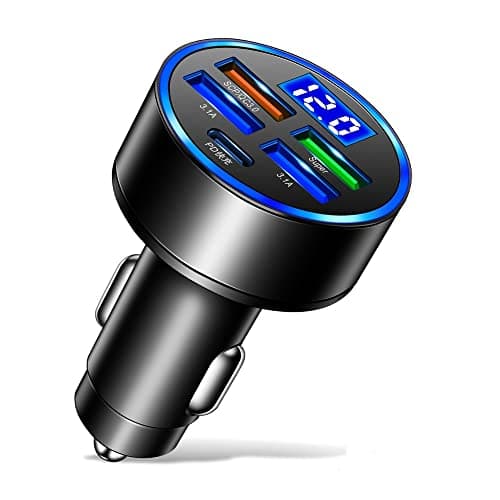 amiciAuto Car Charger, Universal 5-Port QC 3.0 Car Fast Charger with 4 USB and 1 Type-C Port for All Your Devices with Battery Voltage Monitoring-Black