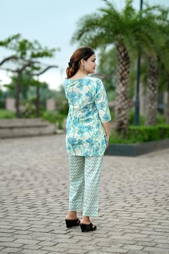 NIVAANI Cotton Night Suit Set for Women – Soft Sleepwear with Shorts | Short Nightwear Set | Comfortable Cotton Pajama Set for Ladies | Summer Night Dress (Blue Rose, M) 5