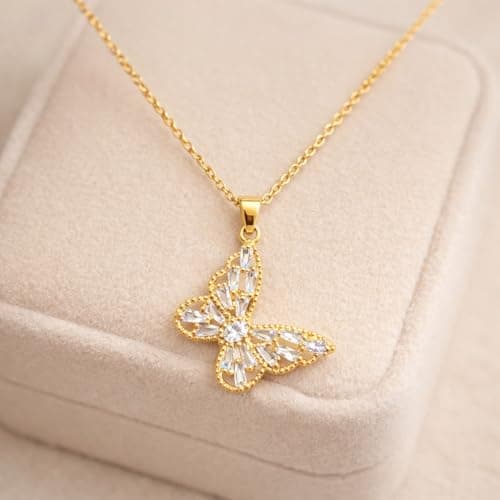 MIAMI American diamond AD Jewellery Gold Butterfly Necklace for Woman Stainless Steel Adjustable Neck Chain Pendant Necklace Stylish Locket Anti Tarnish Valentine Gifts for Women Girlfriend -293 5