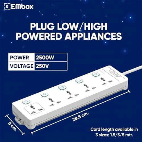 EMBOX Extension Board with Switches 2500 W, 5 Universal Sockets, Individual Switch, Safety Shutter, 6 amp Spike Guard, LED Indicator and Safety Shutter 5