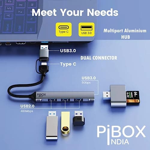 USB C Hub multiport, PiBOX India USB C and 3.0 to USB Adapter Multiport, USB C and USB 3.0 to USB A 4 Port Hub, USB-C to USB Hub 3.0, USB Hub 2.0, for MacBook Pro, USB Splitter Aluminum, Color Gray 3