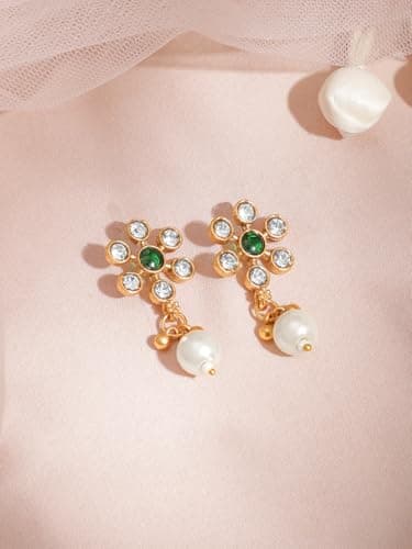 Rubans 22KT Gold Plated Brass Emerald Stone Studded Beaded Pendant Set For Women 5