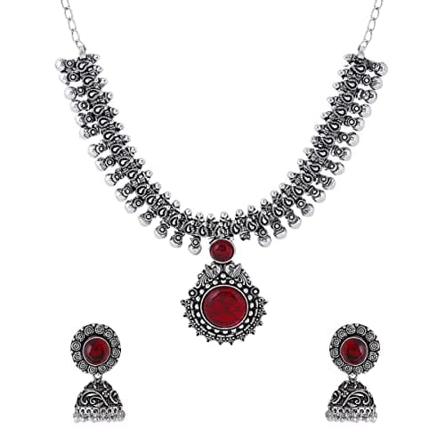 Yellow Chimes Jewellery Set for Women and Girls Traditional Silver Oxidised Jewellery Set Marron Necklace Set for Women | Vintage Kolhapuri Stone Oxidized Necklace Set | Birthday And Anniversary Gift