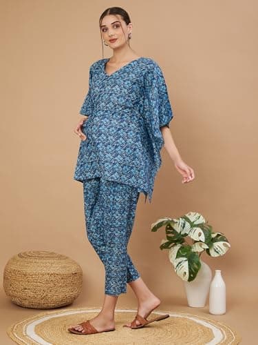 Aaheli Women’s Cotton Printed Maternity Kaftan Top with Pant Set | V-Neck Feeding Friendly Pregnancy Lounge Wear Co-Ord Set | Comfortable Nursing & Home Wear Outfit | Blue 2