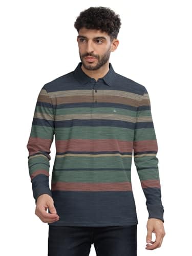 BULLMER Striped Textured Printed Polo Neck Fullsleeve T-Shirt with Rib for Men_Green_Medium