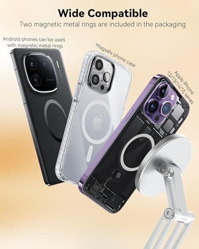 FUEL CO Magnetic Desk Phone Stand Aluminium Phone Holder 360 Degree Rotation Base Foldable Adjustable Mobile Magsafes Compatible iPhone 16 15 14 13 12 Pro Max Mini with 2 Magnet Rings (Black) 4