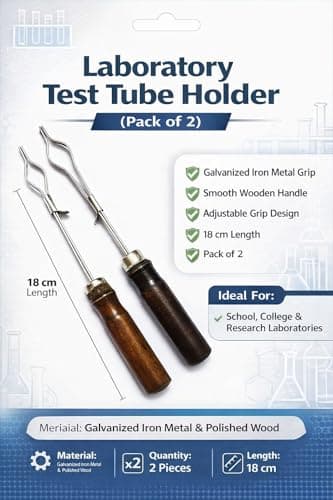 Laboratory Test Tube Holder with Wooden Handle, Galvanized Iron Metal, Adjustable Grip, 18cm Length, Pack of 2, for Scholl, College and Research Laboratories 2
