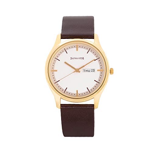 Sonata Quartz Analog with Day and Date White Dial Leather Strap Watch for Men-NS77082YL03W/NT77082YL03W