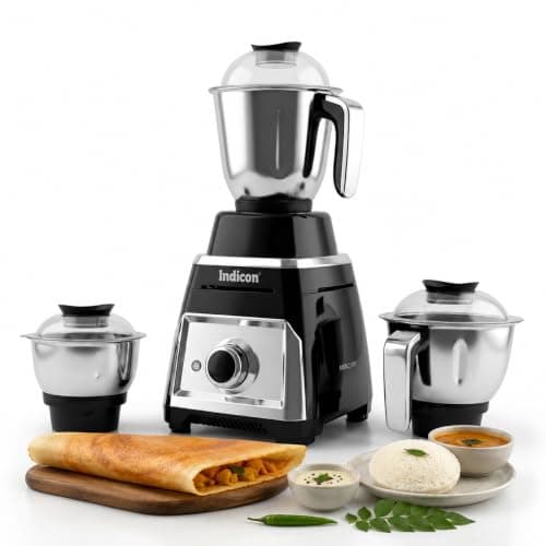 indicon Thar 1HP (1000 Watts) Mixer Grinder, 3 Jars, Black | Heavy Duty Copper Motor for Grinding, Blending & Mixing | Stainless Steel Blades, Multi-Speed, Durable Kitchen Power Tool (Black)
