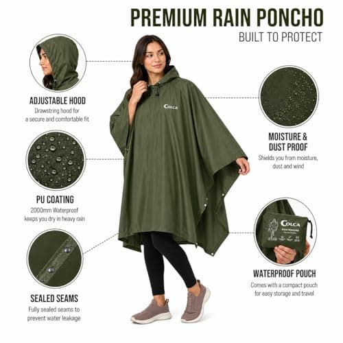 Colca Wild Rain Poncho for Women | Waterproof | Heavy Duty | Reusable | for Camping | Trekking | Hiking | Army | Urban Use | Olive Green 3
