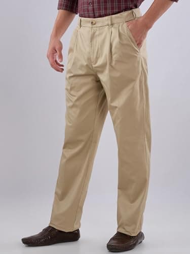 Colorplus Men Comfort Fit Twill Pattern Pure Cotton Double Pleat Casual Trouser Khaki 2