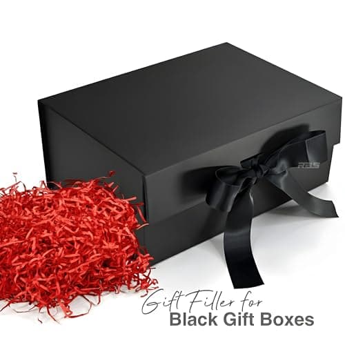 RBS® - Black Gift Box with Red Filler 23x16x10cm Empty Hamper Box for Gifting Holds Upto 5kg Sturdy Cardboard Gift Boxes with 25g Decorative Shredded Paper Birthday, Christmas, Valentine’s Day Packing 5