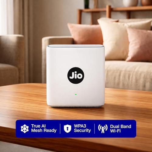 Jio AX3000 WiFi 6 Dual Band Gigabit Mesh Router (2402 Mbps 5GHz + 574 Mbps 2.4GHz) | PPPoE Supported | Covers up to 1500 sq. ft. | 100+ Devices | Low Latency Gaming & 4K Streaming 5